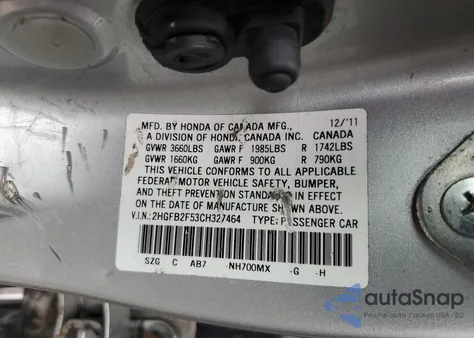 2012 Honda Civic Lx z USA, uszkodzony, nr VIN 2HGFB2F53CH327464